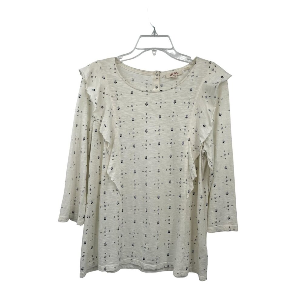 Fat Face Top Womens 10 Used Cream Blue Pullover Ruffle